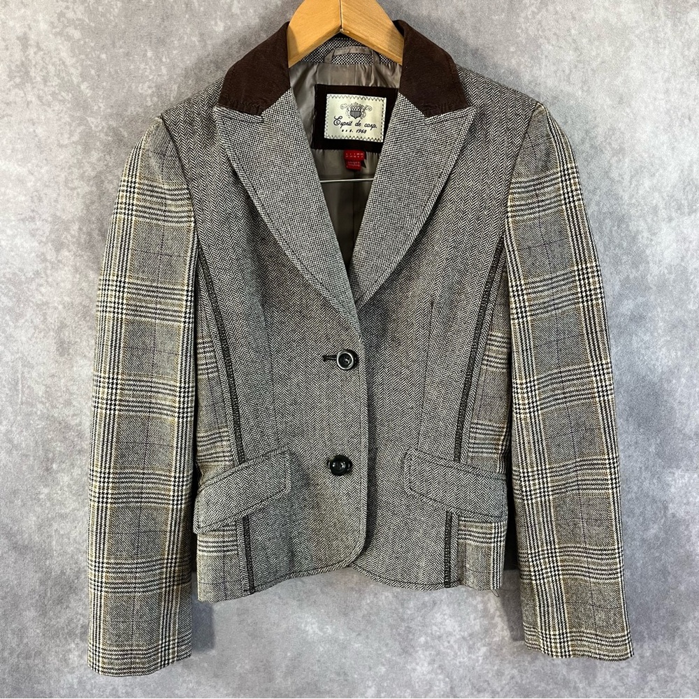 Vtg Y2K Esprit Wool Riding Blazer Coat 2 Single Breasted Plaid Herringbone Brown